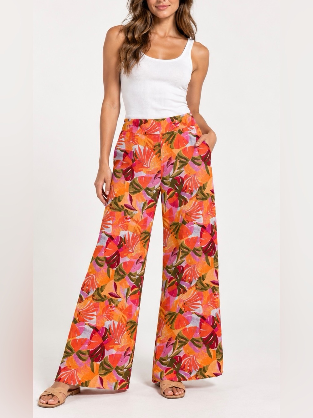 C&C California 100% Linen Tropical Floral Wide Leg Pants Orange Pink M Vacation